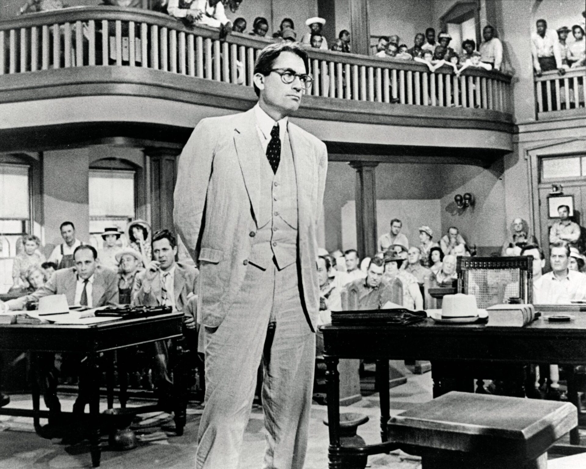 Gregory Peck plays Atticus Finch in a courtroom scene from the movie version of To Kill a Mockingbird.