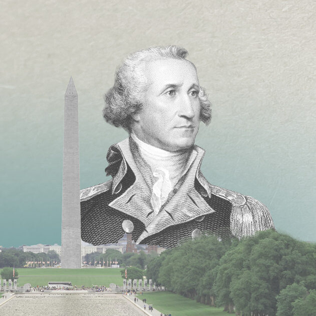 washington monument illustration with portrait in foreground