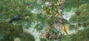 painting of tropical birds hanging on a vine